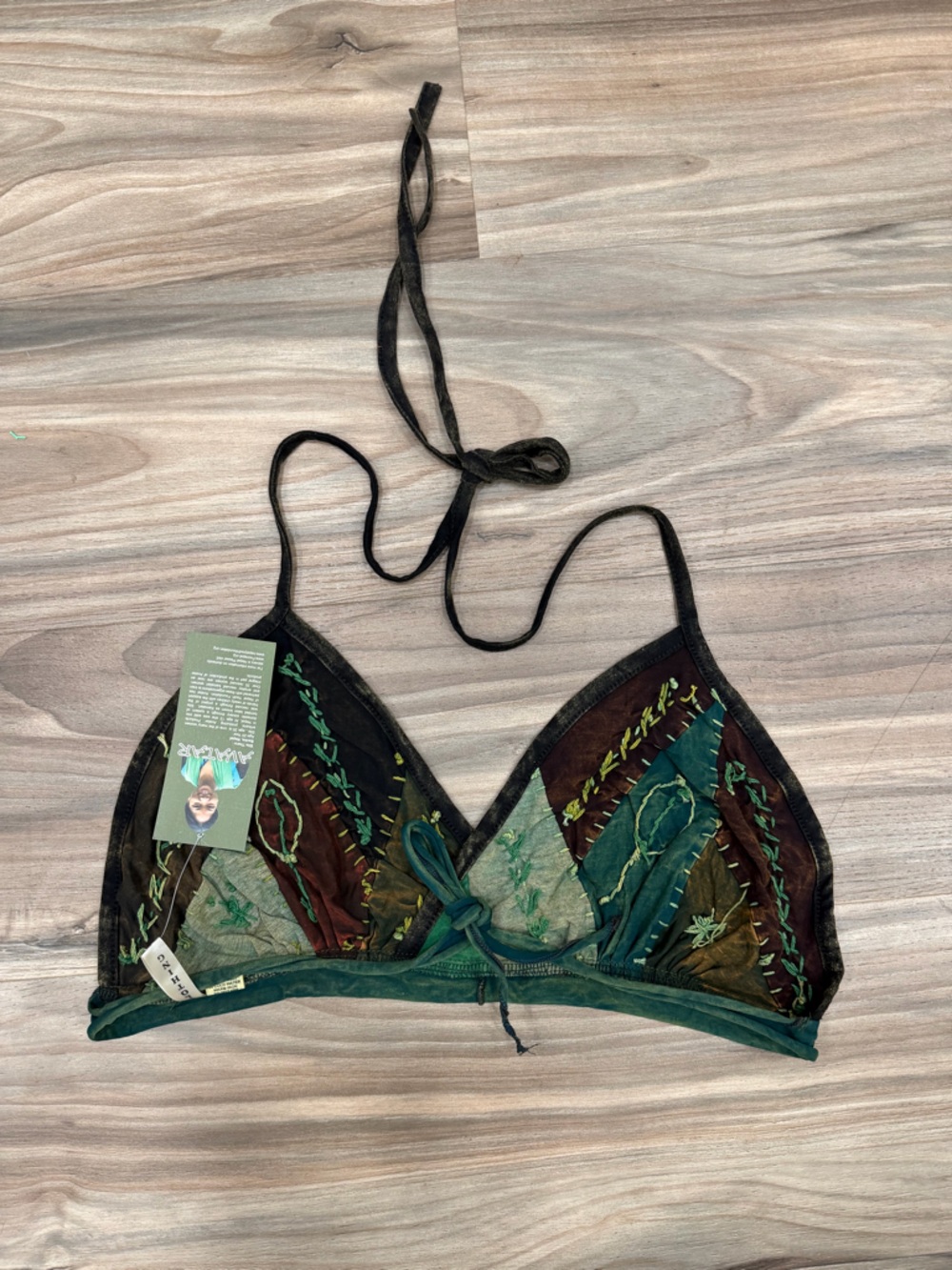 Embroidered Patchwork Bralette in Teal and Olive - Picture 2 of 3